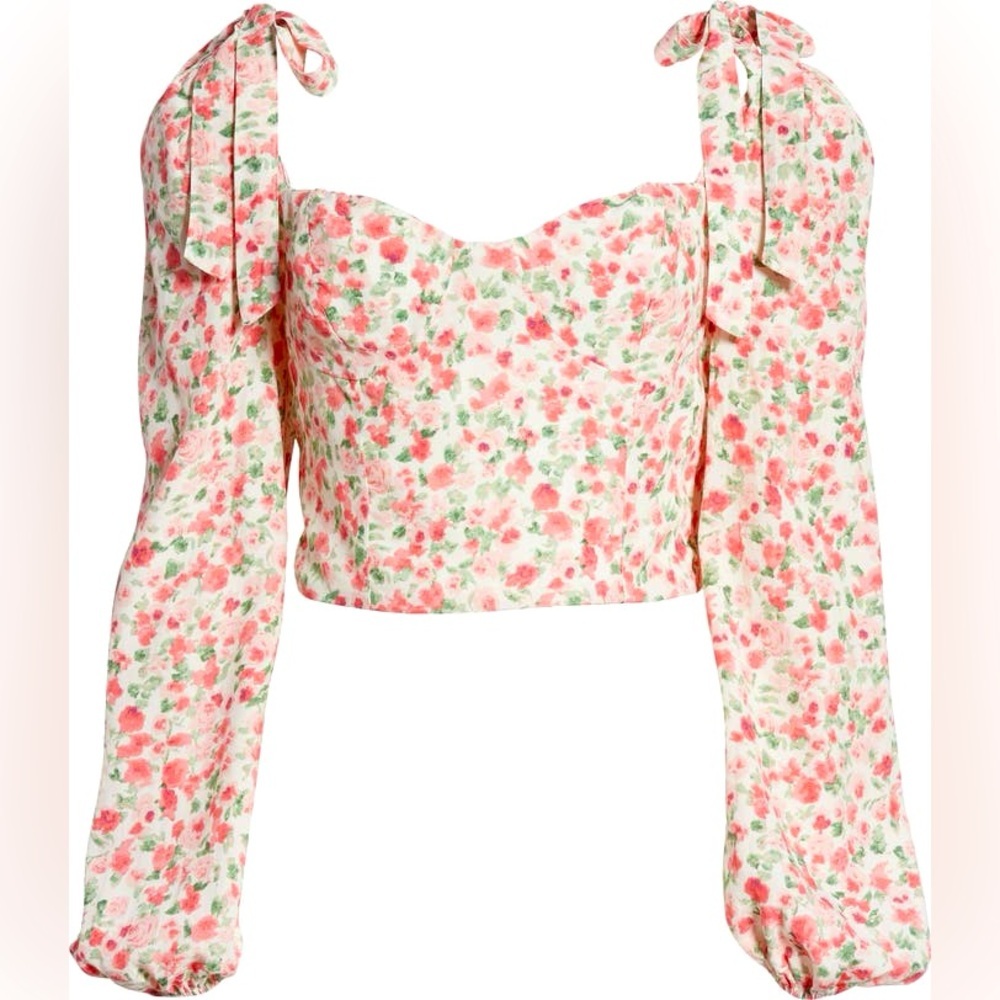 Floral Sweetheart Crop Top with Puff Sleeves - Pink - Picture 5 of 16